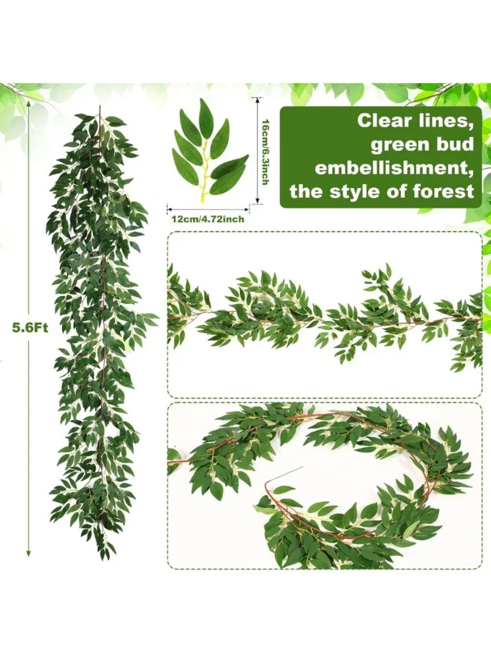 24 Pack Artificial Willow Leaves Garland - 135 Ft Greenery Vines Home Decor